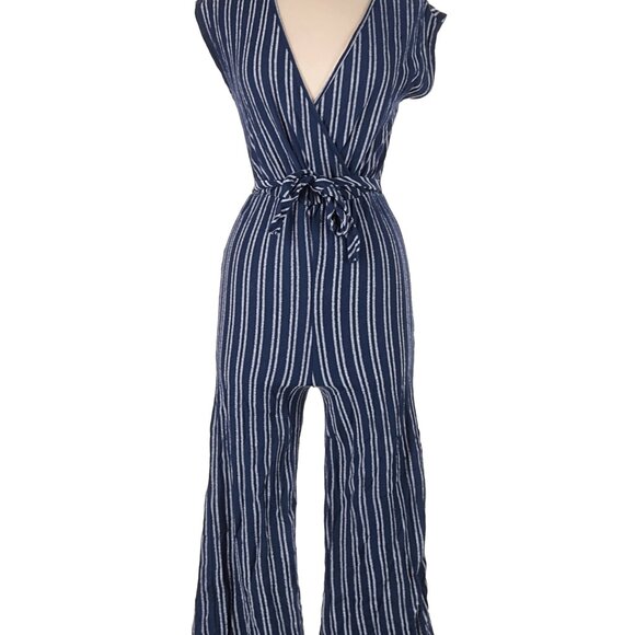 Caution To The Wind Navy and White Striped Jumpsuit - Picture 1 of 4
